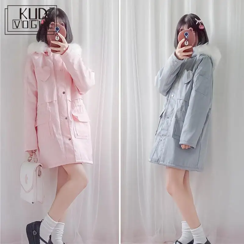 Корейская зимняя куртка для девочек, милая школьная свободная одежда с сердечком, теплая Женская длинная одежда с капюшоном, голубое розовое пальто