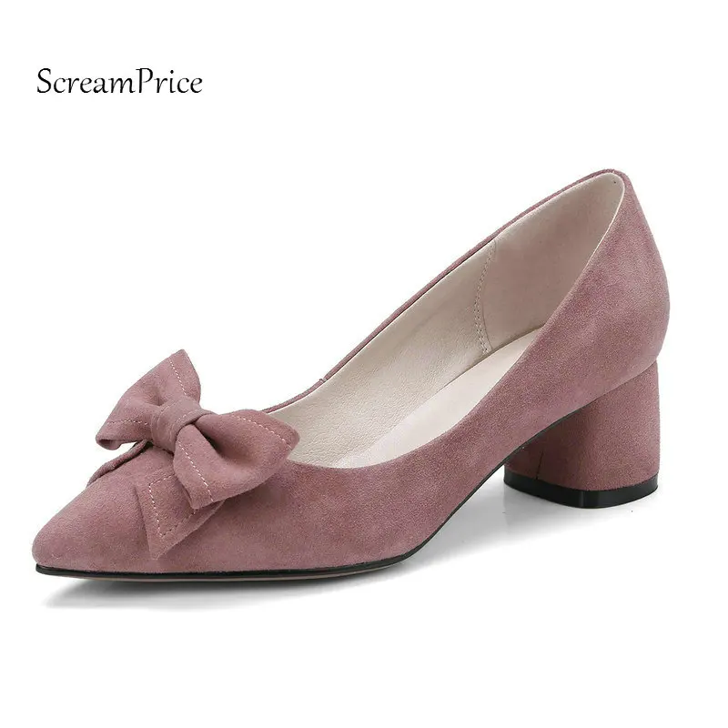 

Woman Comfort Square Heel Pointed Toe Suede Pumps Sweet Bow Knot Dress Lazy High Heel Shoes Woman Black Pink Apricot