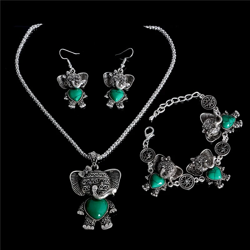 

H:HYDE Vintage Women Jewellery Silver color Chain Pendant Necklace Earrings Set Mouse Natural Stone Jewelry sets
