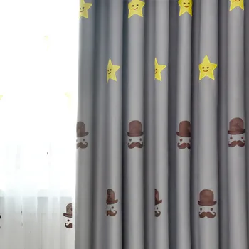 

Embroidered Grey 70% - 80% Blackout Curtain for Living Room Cute Yellow Star Sheer Tulle Cartoon Window Treatment Kids Room Boys
