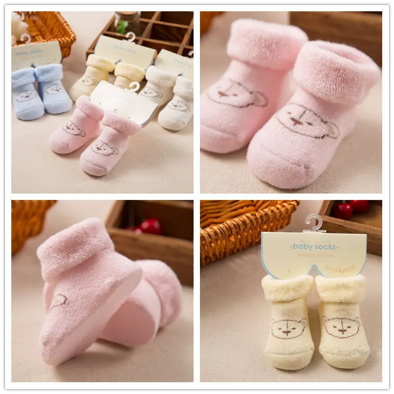 1 пара; сезон осень-зима; однотонные Плотные хлопковые махровые теплые мягкие носки для новорожденных;