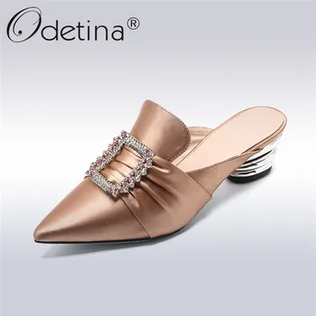 

Odetina 2019 Fashion Elegant Satin Geniune Leather Mules Women Pointed Toe Med Heel Slippers Crystal Buckle Slip on Shoes Summer