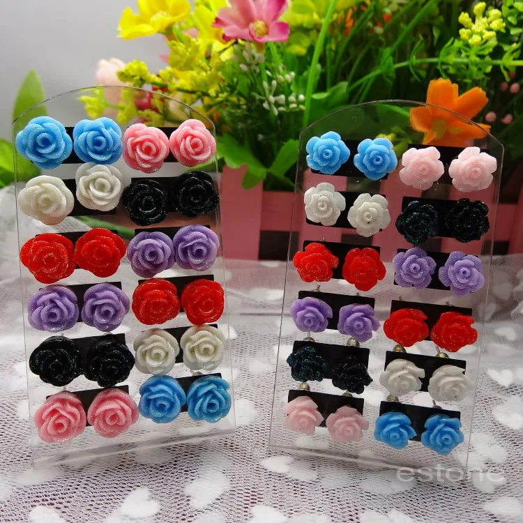 

Hot Sell 12 Pairs Mixed Color Elegant Rose Nickel Stud Earring Flower Wholesale