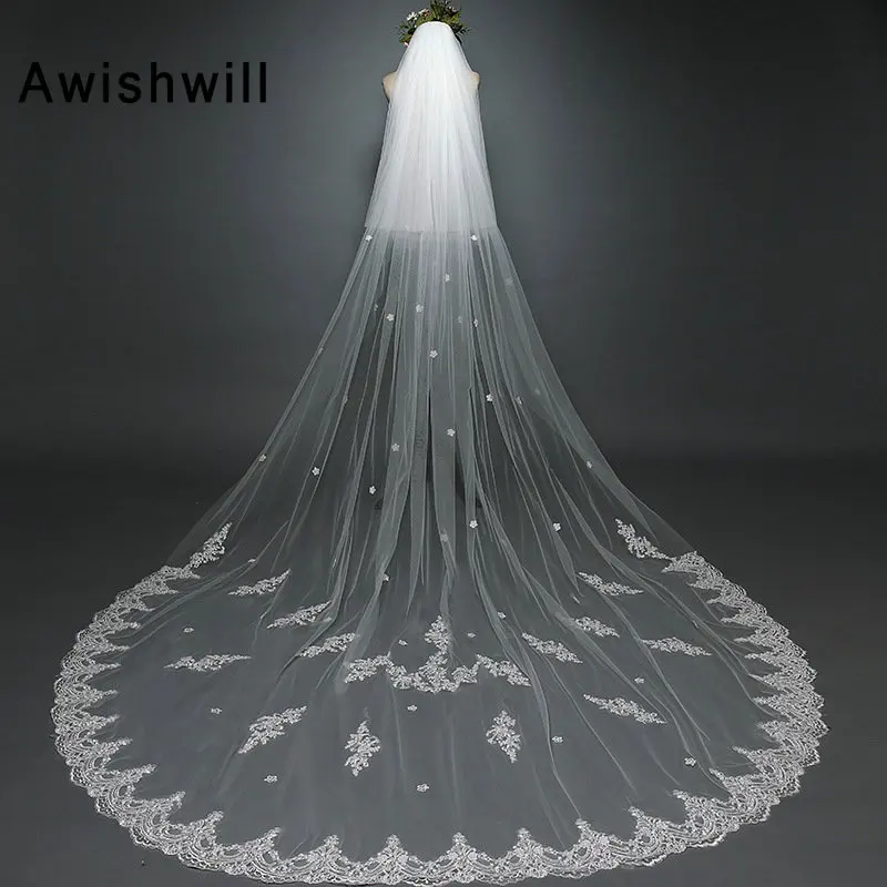 

Real Photo Cheap Long Lace Edge Wedding Veil With Comb Cover Face Two Layers Bridal Veils Appliques Bride Accessories Veli Sposa