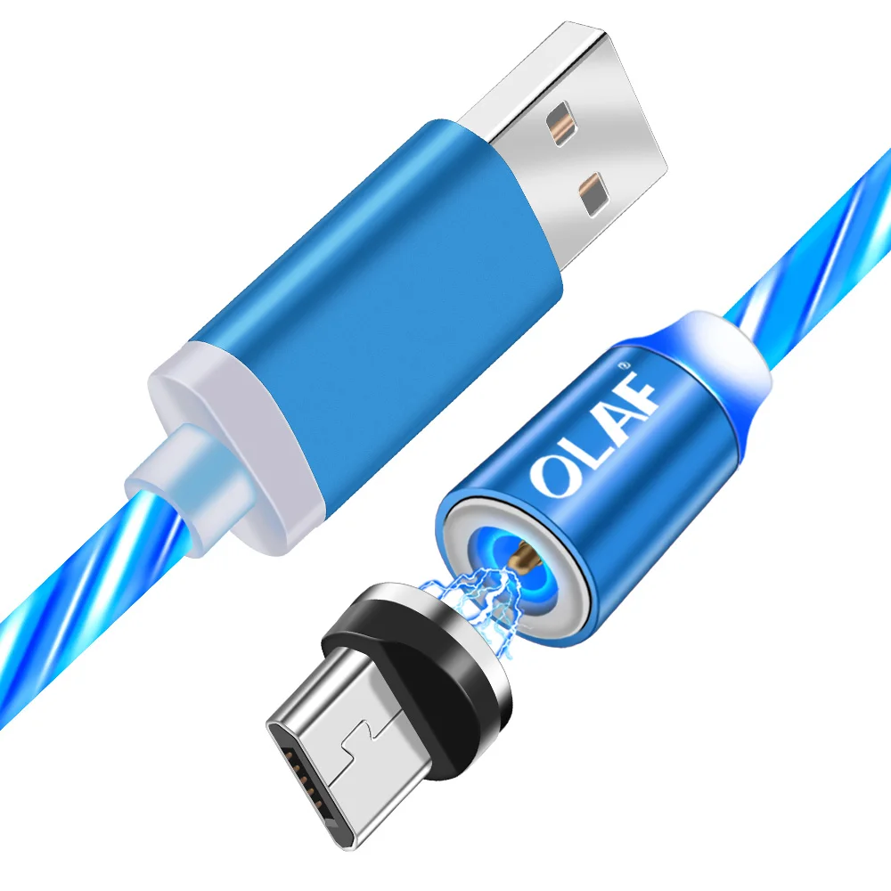 OLAF LED Magnetic USB Cable for iPhone Xs Max 8 7, USB Type C Cable, Micro USB Cable for Xiaomi Samsung Huawei USB C Charging Blue Android Cable