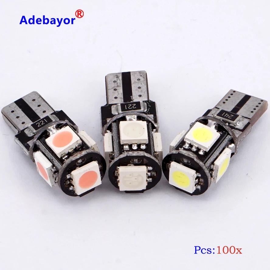 100 шт. T10 194 W5W 5 SMD 5050 Светодиодная лампа CANBUS без ошибок внутренняя автомобильная 1 Вт клиновидная боковая лампа белого, синего, красного, розового, голубого цвета