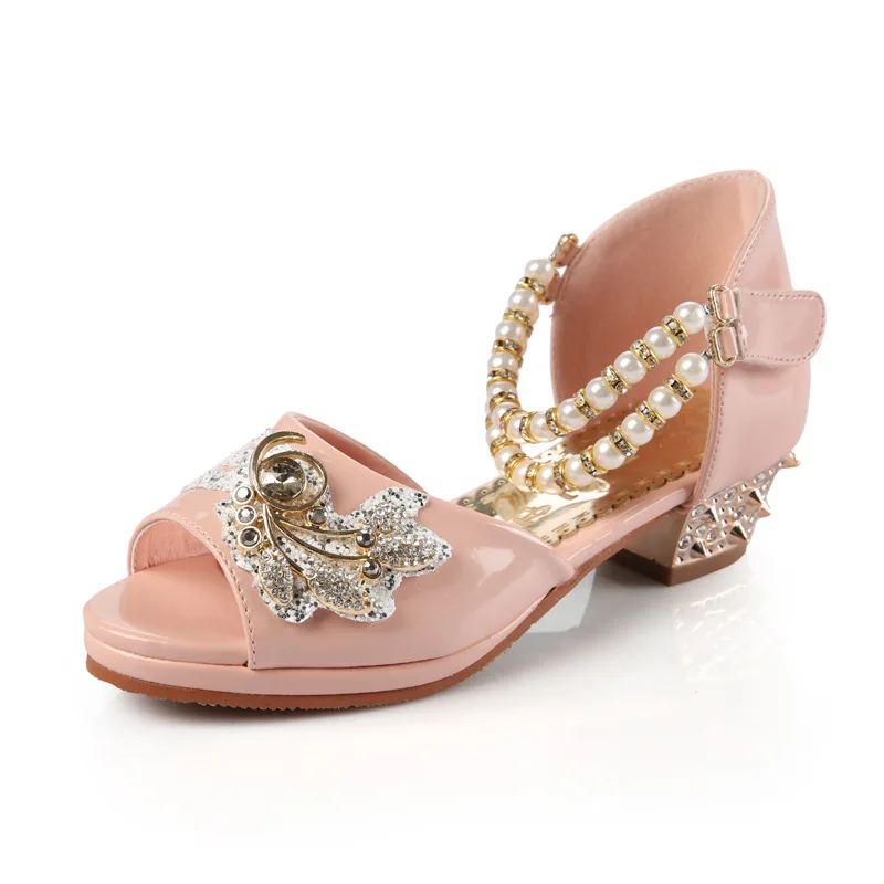 Летние босоножки на высоком каблуке для девочек; модная обувь; детская Праздничная обувь; жемчужные детские розовые кожаные сандалии принцессы для девочек