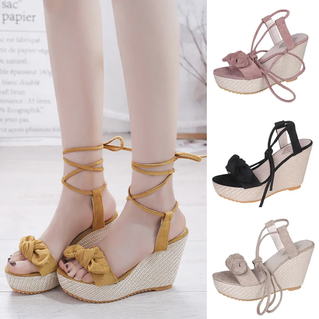 

Women Open Toe Bow Breathable Beach Sandals Rome Lace-Up Casual Wedges Shoes Leather Thick Bottom Belt Buckle Shoes 2019