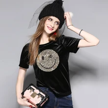 Осенние футболки с пайетками Для женщин бархатные футболки рубашки для мальчиков короткий рукав с круглым вырезом смайлик милые Для женщин топы уличная одежда футболка Для женщин Femme