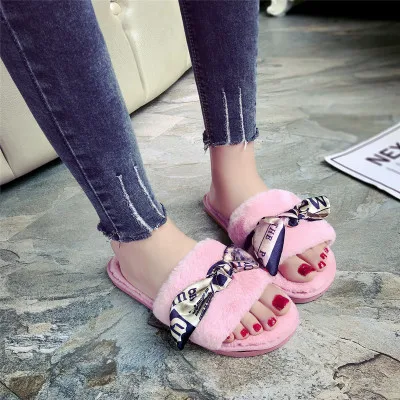 

Autumn Winter Woman Slip on Flats Silk Bowtie Ladies Fur Slides Plus Size 36-41 Fashion Women Home Slippers Warm Shoes