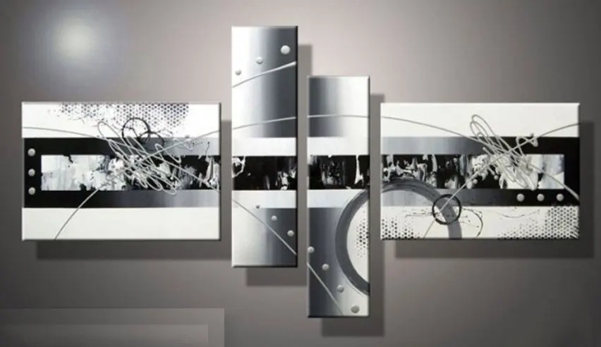 

hand-painted wall art white Black lines point home decoration abstract Landscape oil painting on canvas 4pcs/set,mixorde