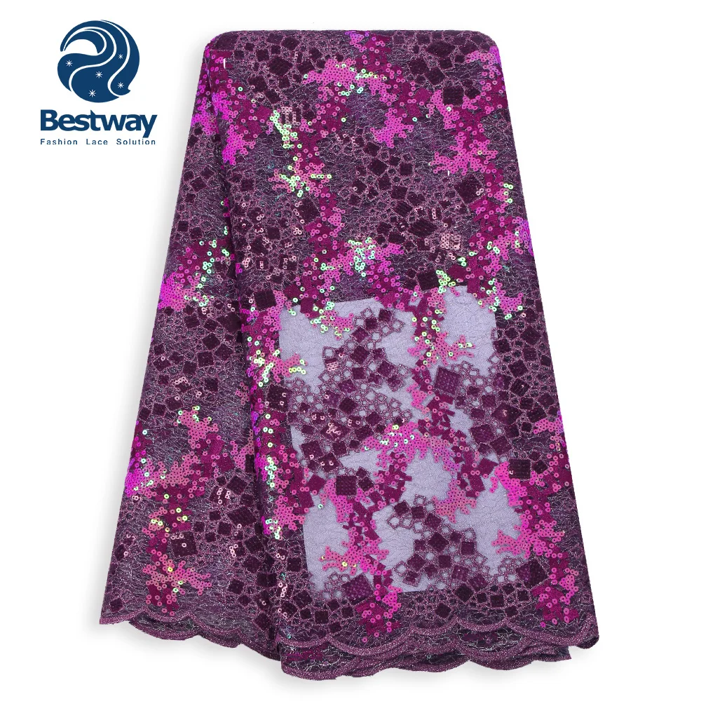 

Bestway African Lace Fabric 2019 High Quality Lace Glitter Sequins Net Lace Tulle Mesh Fabrics Latest Purple Color Fabrics Laces