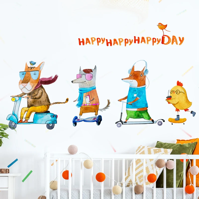 Cartoon Animal Family Giraffe Lion Fox Wall Stickers for Kids Room Wall Decoration Bedroom Children's Bedside Wallpaper