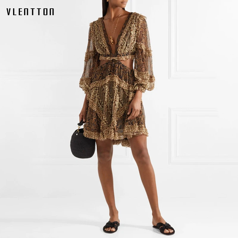 

New fashion sexy dress ladies spring Summer 2019 V-Neck Long Sleeve Chiffon mini dress women Leopard backless dress vestidos