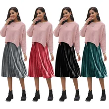 Для женщин; Большие размеры Повседневное модный однотонный вельветовый юбка средней длины на весну и лето, Высокая Талия плиссированная юбка 3085