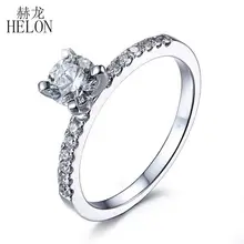 HELON Round 0.5ct Moissanites Ring Solid 14K White Gold Pave Natural White sapphire Engagement Wedding Ring For Women Jewelry