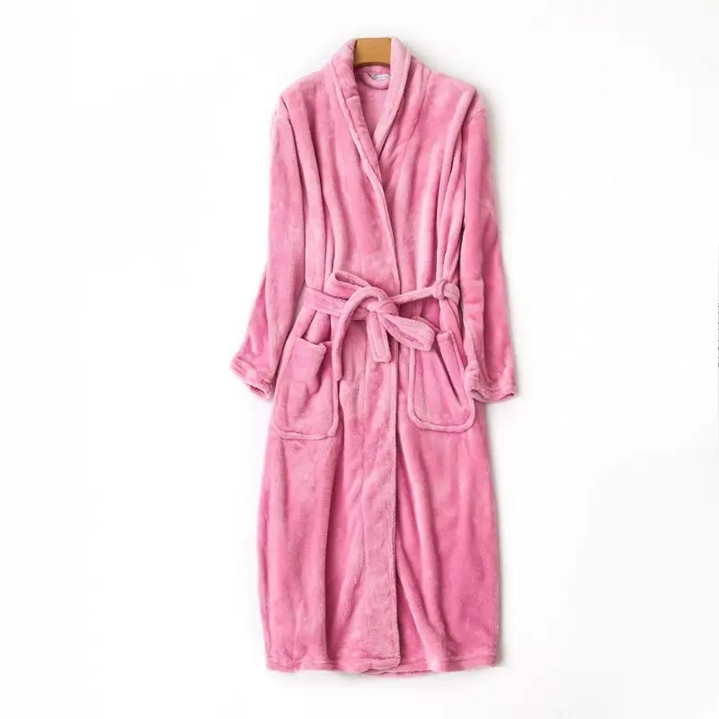 Зимний женский халат больших размеров, женский теплый халат из кораллового флиса, женский халат с отложным воротником, женский халат с длинным рукавом - Цвет: Pink