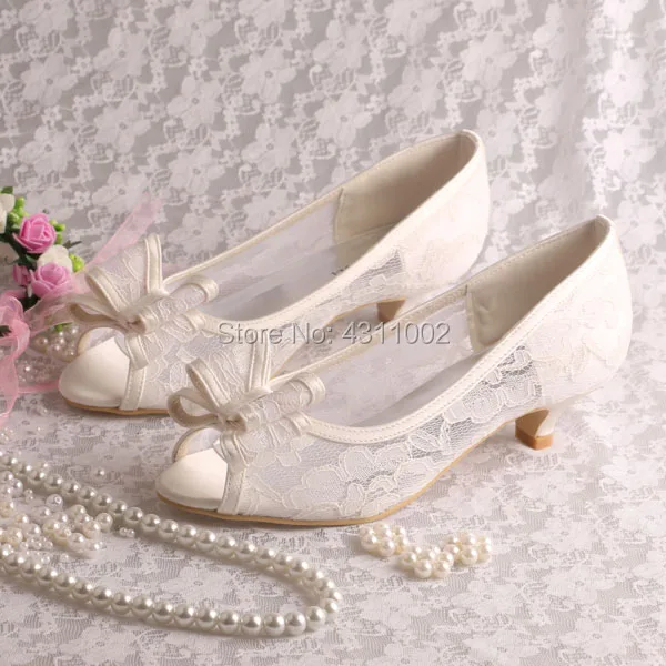 

Wedopus Custom Handmade Lace Ivory Wedding Shoes for Women Low Heel Bow Pumps