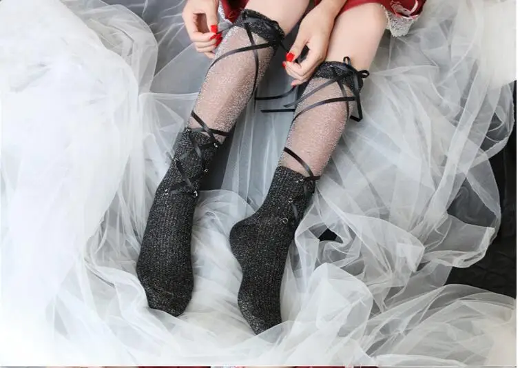 Women Socks Summer Fashion Laced Bandage Bow Socks Short Socks Mesh Sexy Lolita Sockings
