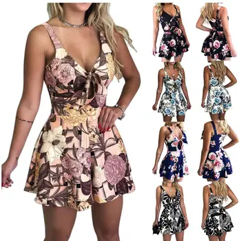

2019 summer new women's beach dress sexy V-neck strap Vest dress chest bow tie printed loose one-piece skirt Ladies' clothes