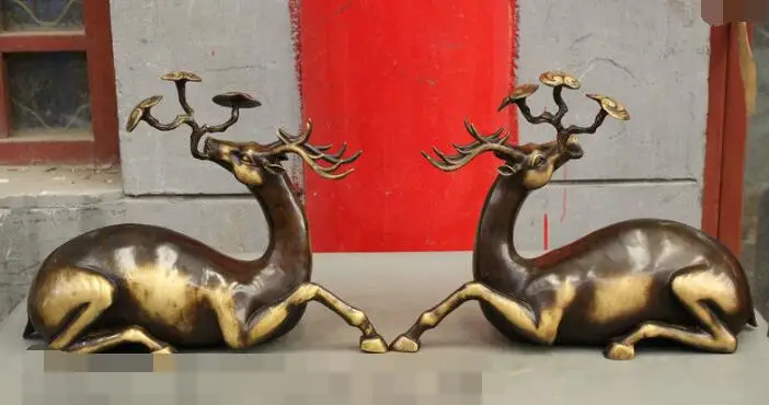 

S03046 16" Collect Chinese Pure Bronze Sika Deer Buck Animal Ganoderma Ruyi Statue Pair (B0413)
