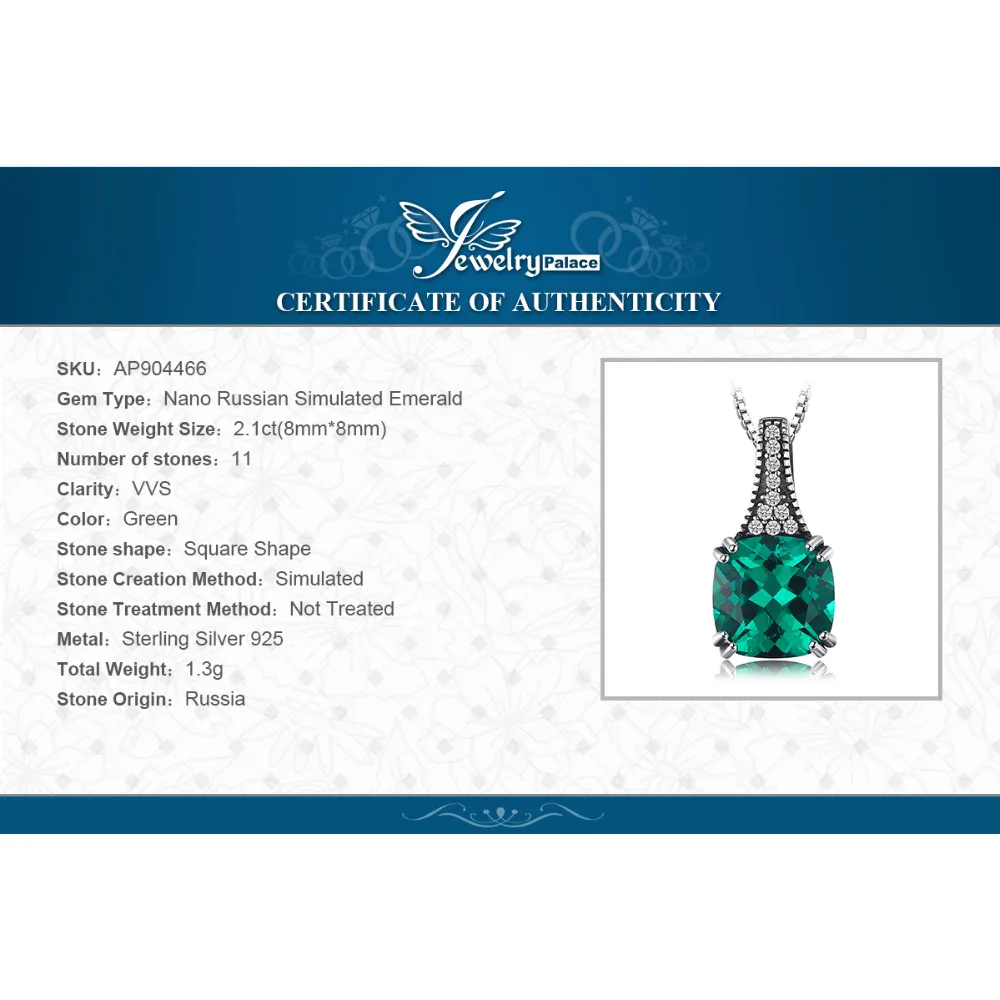 JewelryPalace Classic 2.1 ct Cushion Created Emerald Pendant For Women 925 Sterling Silver Brand Vintage Jewelry Without Chain