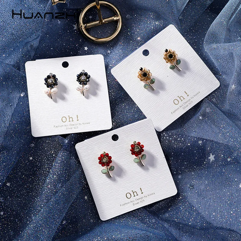 

HUANZHI S925 Crystal Beading Colorful Flower Chic Sweet Trendy Cute Alloy Stud Earrings for Women Girls Party Jewelry Gifts
