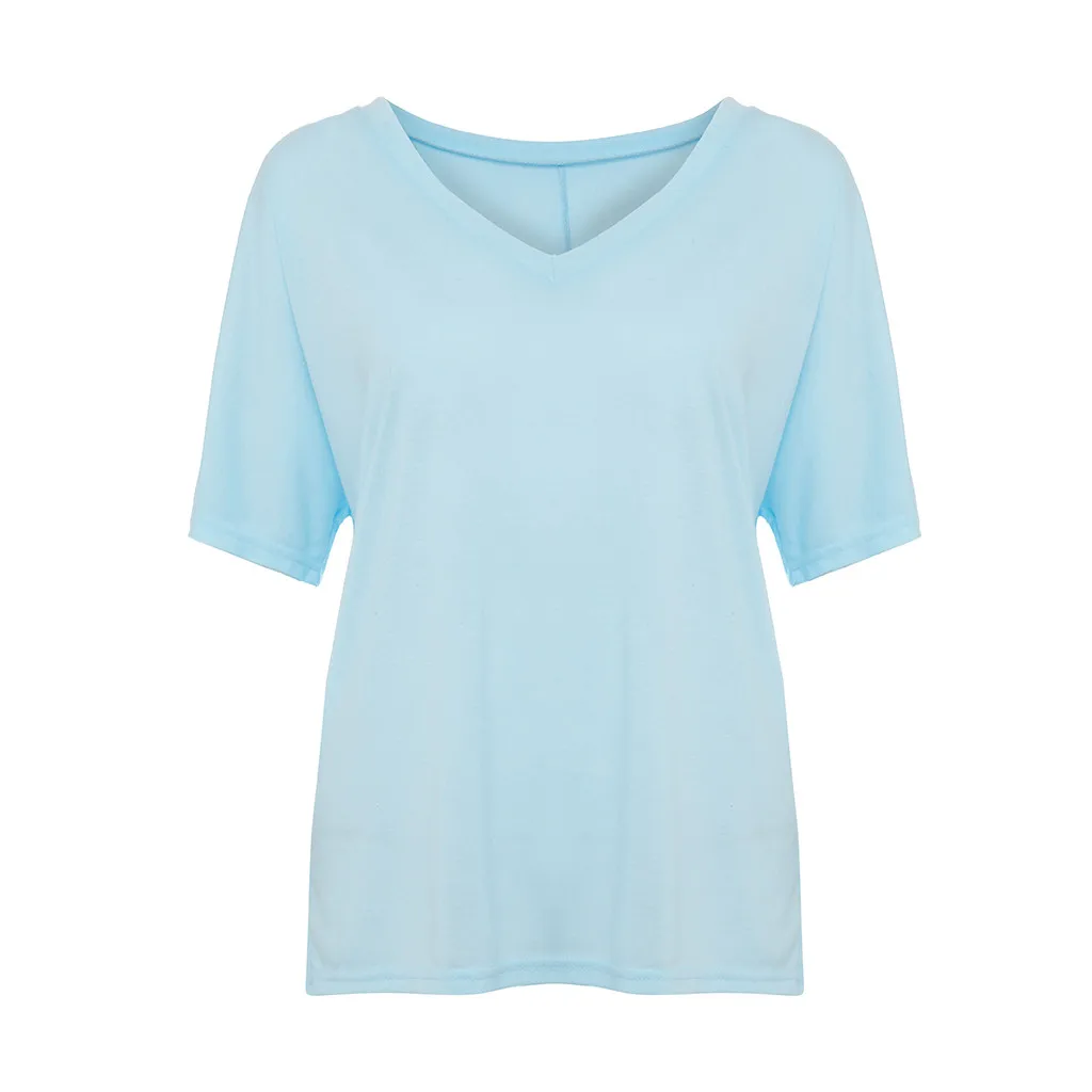 

Women's Ladies Short Sleeve Solid Loose V-neck Fluorescent color comfortable Polyester T shirt Daily Wear c0327