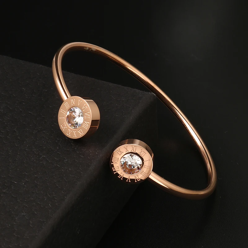 

Adjustable Cuff Bracelet bangles for Women Stainless Steel Rose Gold Plating Charm CZ Roman Letter Wristband Female Jewelry Gift