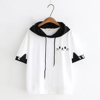 

Kawaii Neko Cat T Shirt Student Girls Harajuku Short Sleeve T-shirts With Hooded Ears Femme Tops Tee Patchworks Shirts 2019