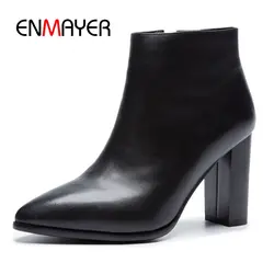 ENMAYER/черные сапоги Для женщин женские зимние ботинки молния острый носок квадратный каблук Zapatos De Mujer Женские снегоступы Size34-40 ZYL1644