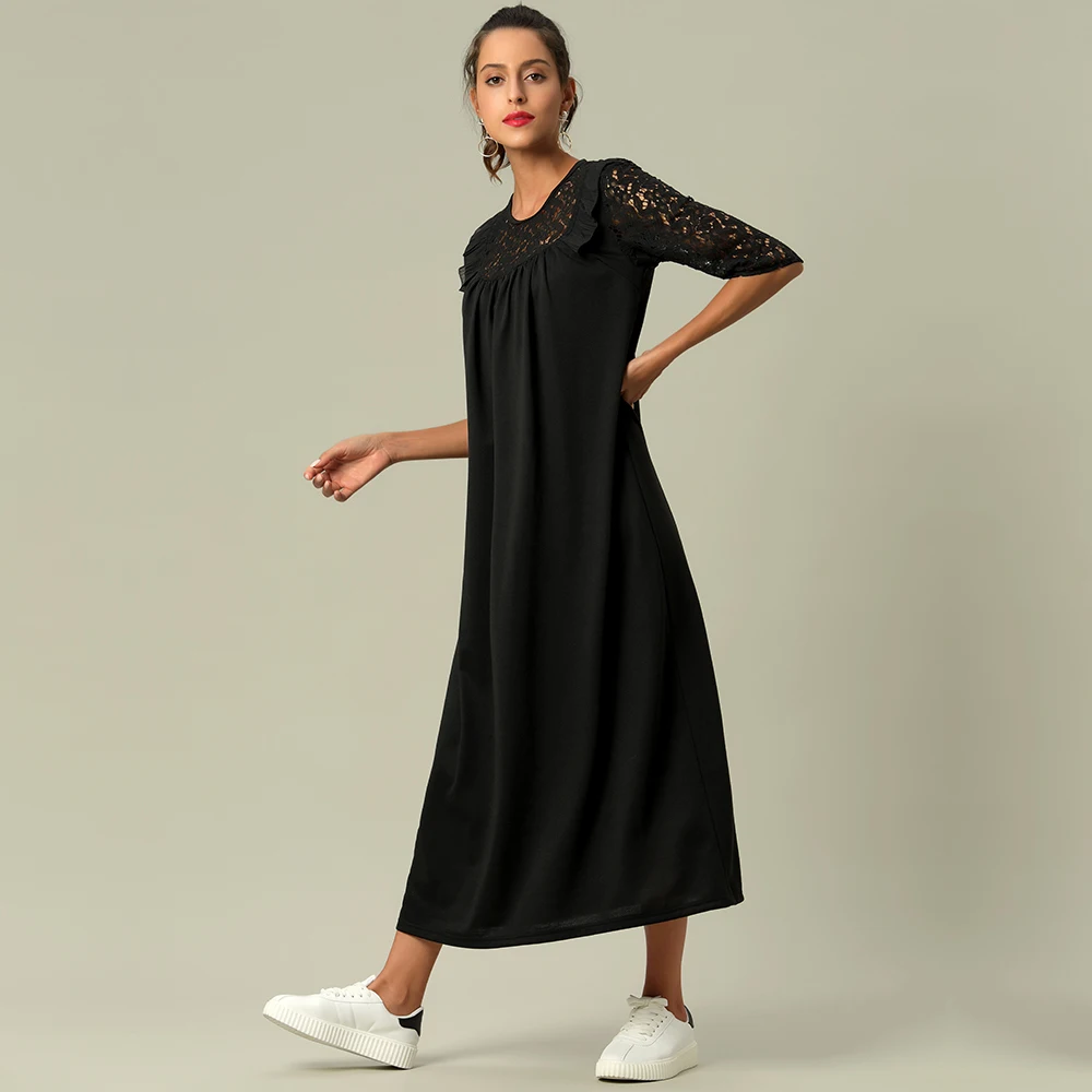 

Women fashion casual hollow out lace maxi dress islamic clothing long Dress Kaftan Solid abaya dubai Muslim Robes gown
