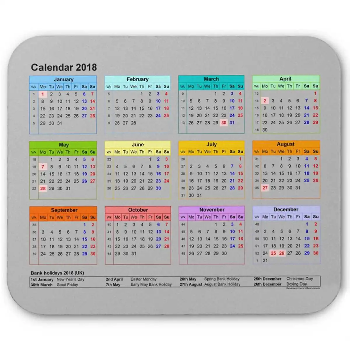 2018 Calendar Mouse Pad Rubber Anti Slip Desktop Mouse Pad Gaming