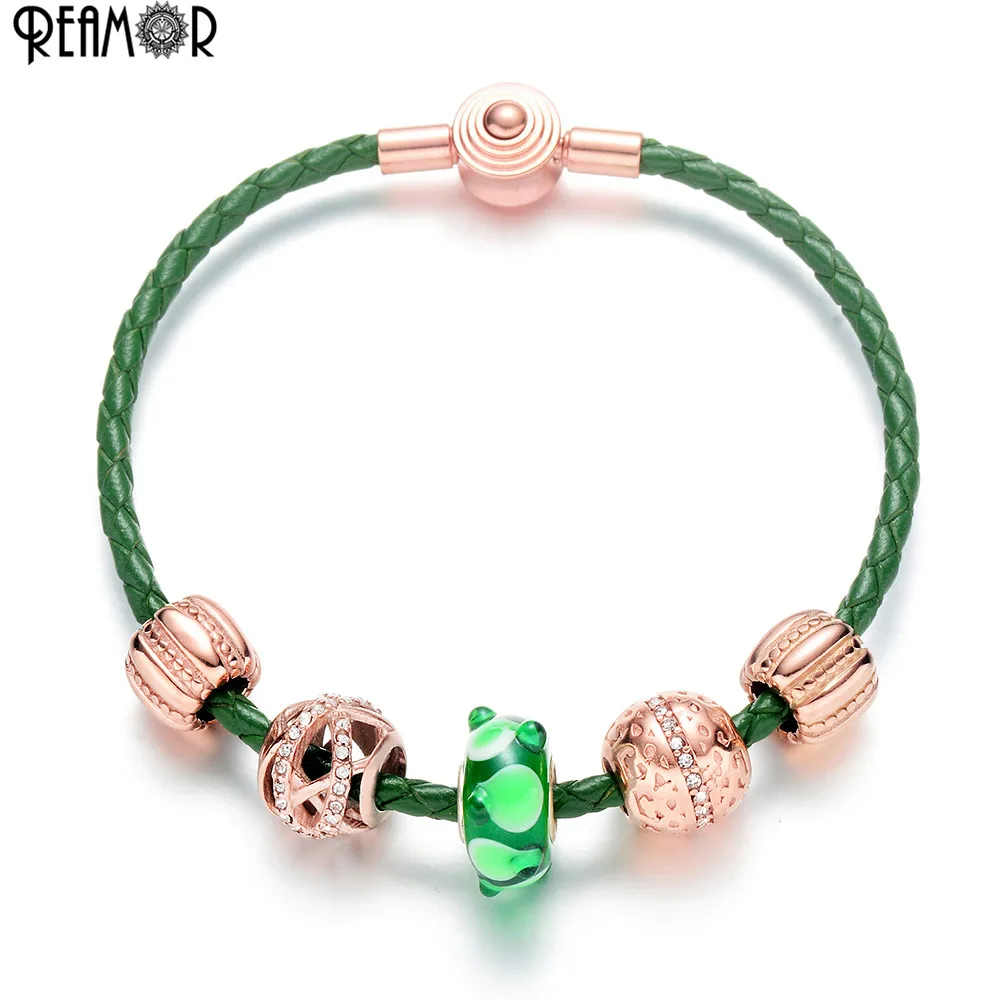 

REAMOR Green Genuine Leather Rope Chain Women Bracelet Crystal Paved Rose Gold Beads Charm Bracelets & Bangles Jewelry 16-21cm