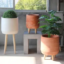 Rustic Bonsai Home Decoration with Wooden Legs Round Oval Flower Pot Garden Cement Potted Decorative Garden cement garden