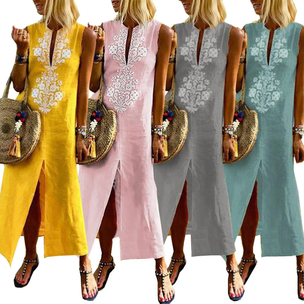 2018 Women Sexy V-Neck Cotton Linen Blend Sleeveless Loose Casual Split Long Shirt Dress