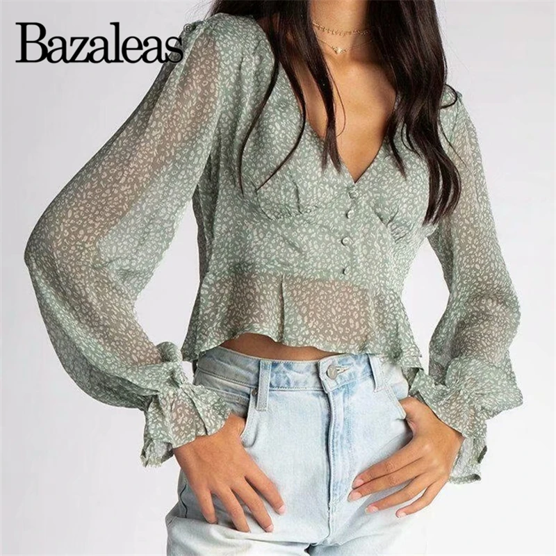 

Bazaleas Vintage Green Leopard Print Blusa Feminina Chic Buttons blusas Ruffles women Cropped Blouse drop shipping