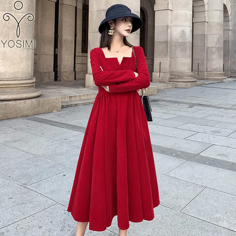 YOSIMI весеннее платье миди для женщин длинный рукав женское платье вельветовое винтажное платье до щиколотки женское платье Vestido красное сексуальное платье