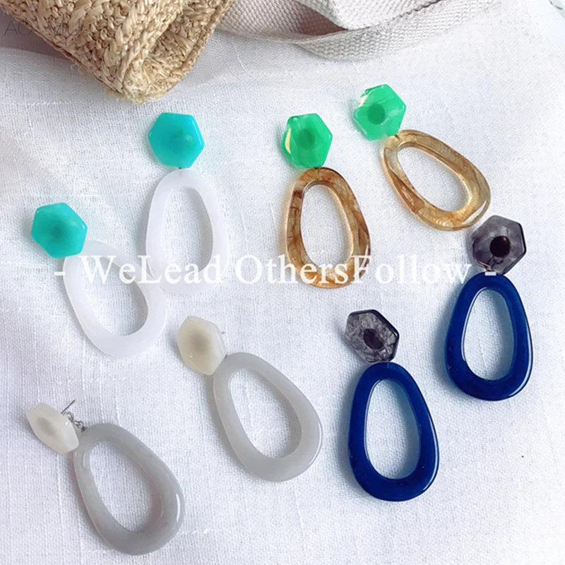 

AOMU Summer Korean Fashion Multicolor Geometric Resin Earring Big Oval Shape Long Drop Earrings for Women Jewelry