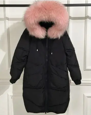 Огромный натуральный мех енота новая зимняя куртка женская белая куртка-пуховик теплая парка Женская куртка размера плюс пальто с капюшоном - Цвет: pink big fur