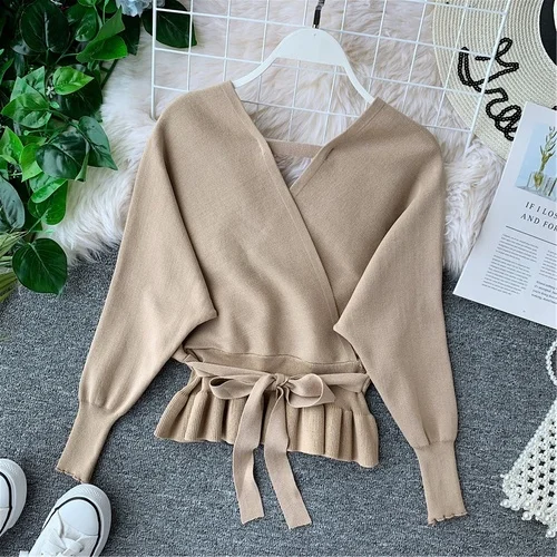 OCEANLOVE Autumn Winter Sexy V Neck Women Sweaters Batwing Sleeve Bow Short Slim Sueter Mujer Fashion Pullovers 12653 - Цвет: Хаки