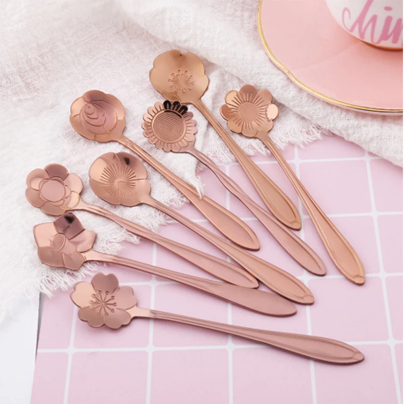 

50pcs/ lot rose gold color stainless steel tablespoon 8 flower designs dessert tea ice cream coffee spoon