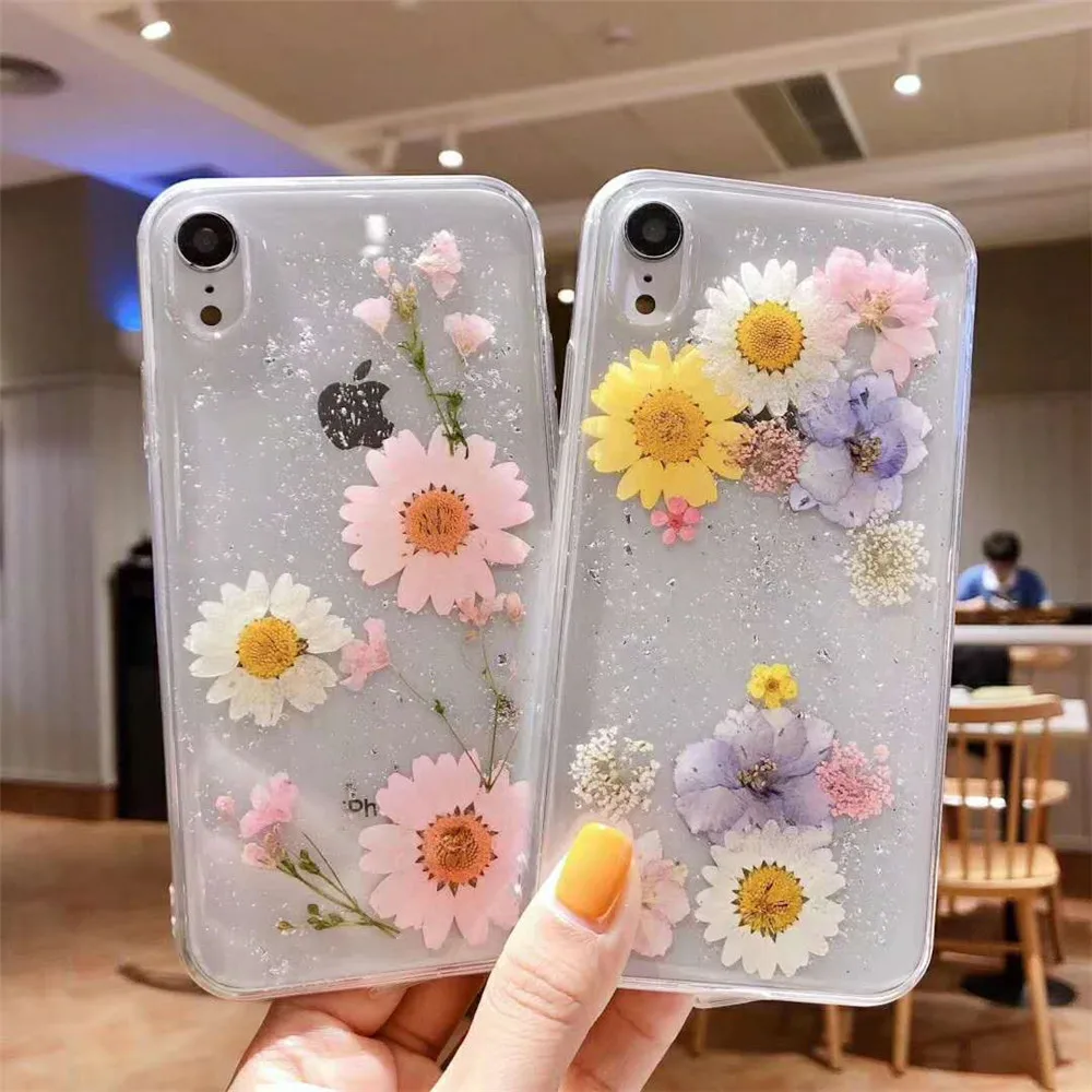 

Real Flowers Dried Flowers Soft TPU Phone Case For iPhone X XS XR XS Max 6 6S 7 8 Plus Transparent Bling beautiful Back Cover
