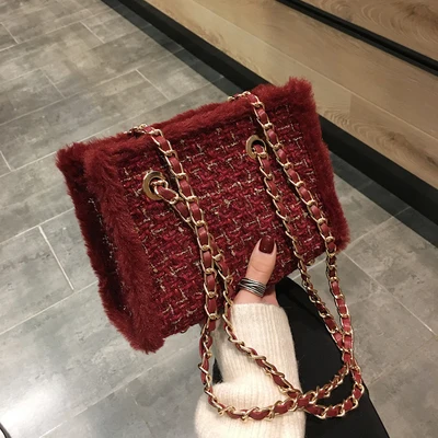 TOYOOSKY Модные женские шерстяные стильные сумки клетчатые сумки высокого качества дамские сумки на плечо Большая вместительная сумка-тоут с цепочками - Цвет: Red