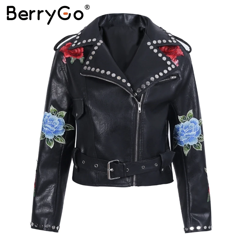 BerryGo Floral PU leather appliques rivet women basic jackets Streetwear black zipper outerwear femme Autumn faux leather coats