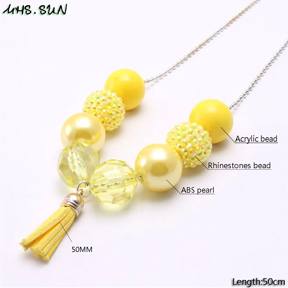BN598-1 (4),$1.8-1PC,50g.Child Kids Beads Chunky Necklace Fashion Yellow Color Tassel Chunky Bubblegum Necklace For Girls Toddler Jewelry 