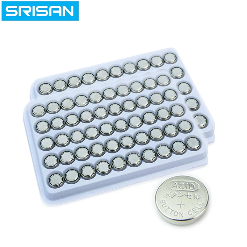 

SRISAN 100pcs AG10 LR1130 1130 SR1130 389A LR54 L1131 389A 1.5V Button Battery MP3 Players,Toys watch batteries Zn/MnO2 batteria