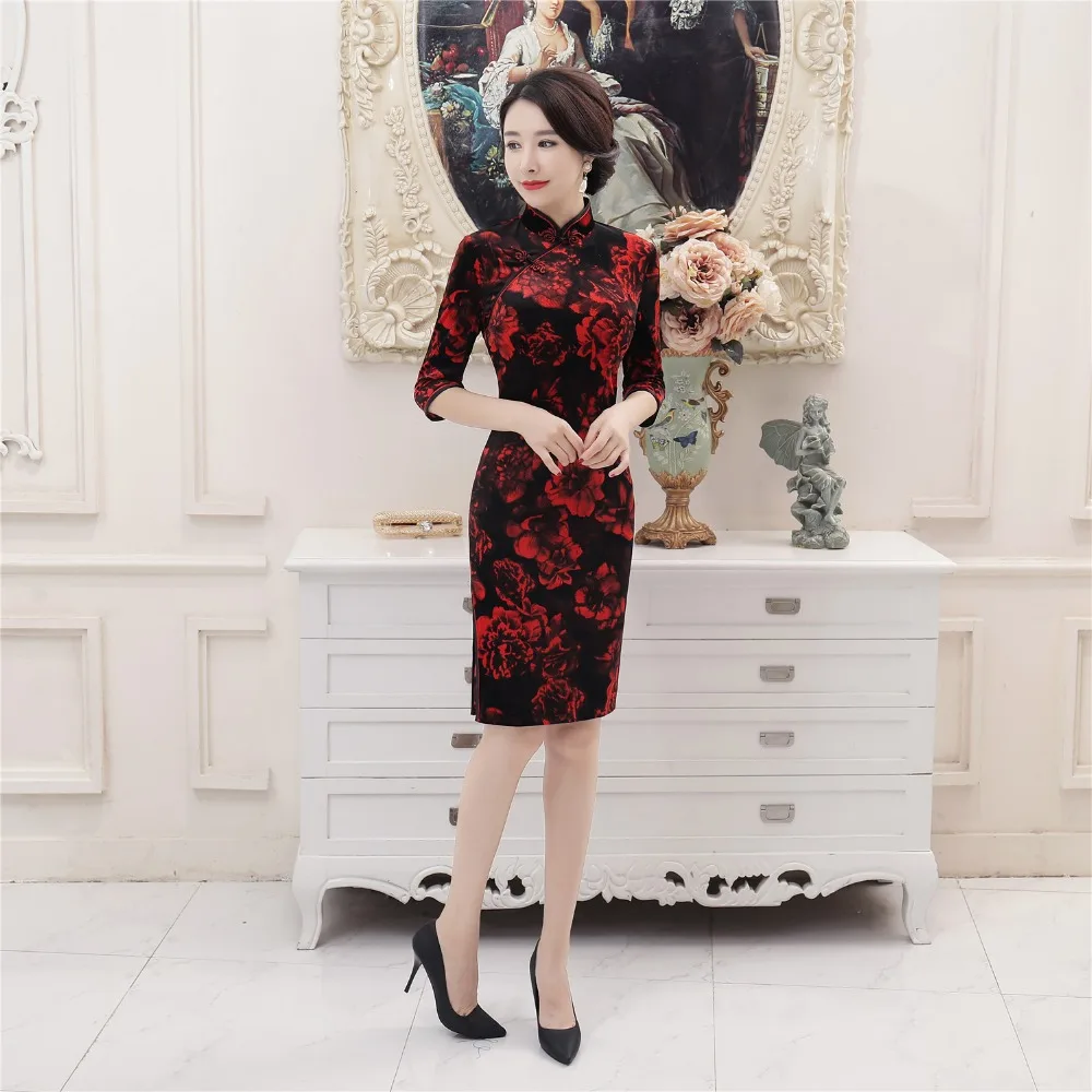 Шанхай история Красный цветочные черный бархат Qipao китайское традиционное платье с рукавами 3/4 платье Ципао по колено Oriental платье