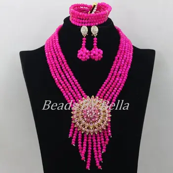 

Hot Fuchsia Beads Crystal Jewelry Set Nigerian Party Necklace African Wedding Fashion Bridal Jewelry Sets Free Shipping ABF620