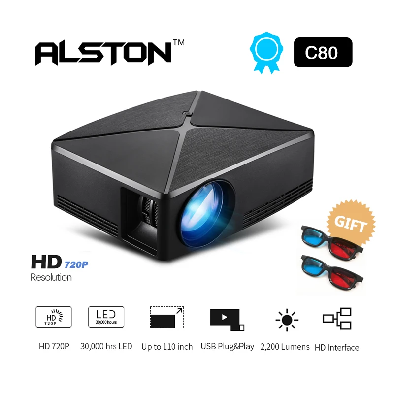

ALSTON HD MINI Projector C80 1280x720 Video Android WIFI Proyector (Optional C80 UP. Android 6 Beamer, WIFI, Bluetooth)